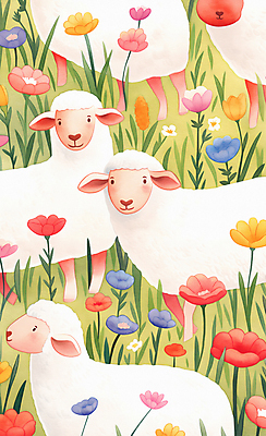 JPG 꽃 꽃밭 일러스트 수채화 사람없음 귀여움 다양 양 국내일러스트 AI일러스트 AI콘텐츠 식물 다수 컨셉 포유류 파일형식