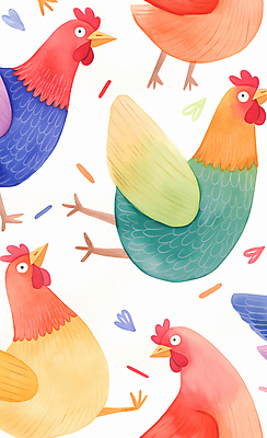 JPG 일러스트 수채화 사람없음 컬러풀 귀여움 다양 닭 국내일러스트 AI일러스트 AI콘텐츠 컬러 다수 컨셉 조류 파일형식