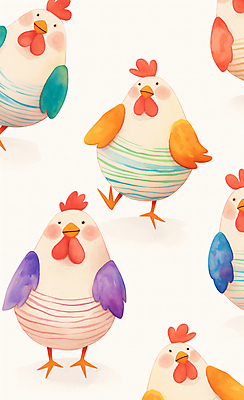 JPG 일러스트 수채화 사람없음 컬러풀 귀여움 다양 닭 국내일러스트 AI일러스트 AI콘텐츠 컬러 다수 컨셉 조류 파일형식