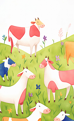 JPG 꽃 일러스트 수채화 초원 사람없음 귀여움 다양 소 젖소 국내일러스트 AI일러스트 AI콘텐츠 식물 다수 컨셉 포유류 파일형식