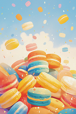 JPG 일러스트 사람없음 컬러풀 쌓기 달콤 쏟아짐 마카롱 스프링클 국내일러스트 AI일러스트 AI콘텐츠 컬러 모션 디저트 장식 맛 파일형식