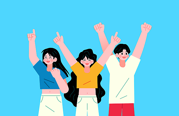 여자 남자 행복 일러스트 응원 미소 청년 성인 세명 손들기 파이팅 축제 기쁨 만세 그룹 성인만 국내일러스트 AI파일 감정 모션 표정 사람 파일형식 벡터