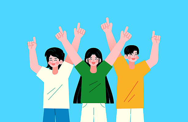 여자 남자 행복 일러스트 응원 미소 청년 성인 세명 손들기 파이팅 축제 기쁨 만세 그룹 성인만 국내일러스트 AI파일 감정 모션 표정 사람 파일형식 벡터