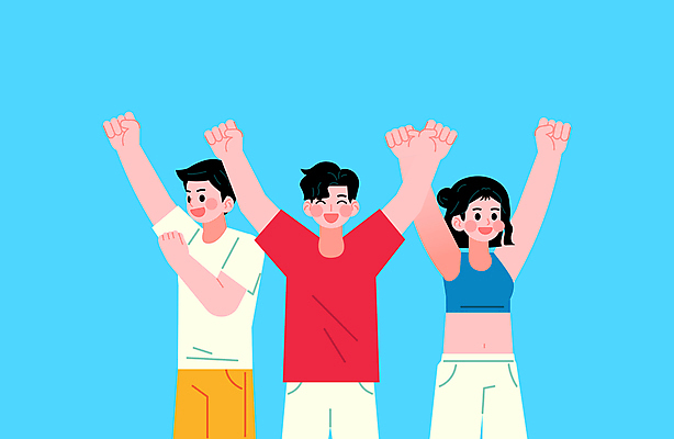 여자 남자 행복 일러스트 응원 미소 청년 성인 세명 손들기 파이팅 축제 기쁨 만세 우승 그룹 성인만 국내일러스트 AI파일 감정 모션 표정 사람 최고 파일형식 벡터