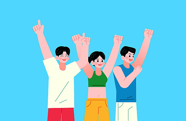 여자 남자 행복 일러스트 응원 미소 청년 성인 세명 손들기 파이팅 축제 기쁨 만세 우승 그룹 성인만 국내일러스트 AI파일 감정 모션 표정 사람 최고 파일형식 벡터