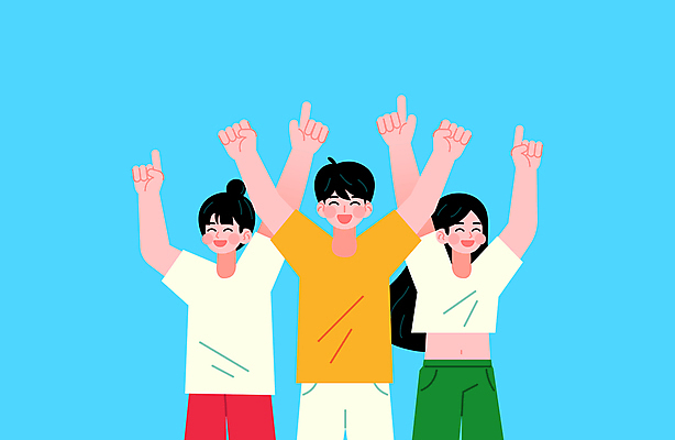 여자 남자 행복 일러스트 응원 미소 청년 성인 세명 손들기 파이팅 축제 기쁨 만세 우승 그룹 성인만 국내일러스트 AI파일 감정 모션 표정 사람 최고 파일형식 벡터