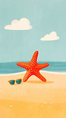 JPG 구름 일러스트 휴식 불가사리 해변 사람없음 여름 모래사장 선글라스 국내일러스트 AI일러스트 AI콘텐츠 자연요소 계절 안경 바다 컨셉 극피동물 파일형식