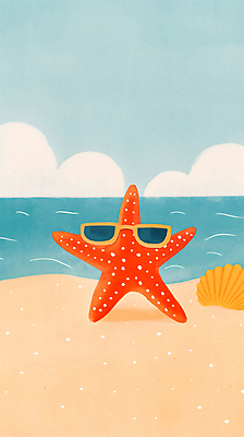 JPG 구름 일러스트 휴식 불가사리 해변 사람없음 여름 모래사장 선글라스 조개껍데기 국내일러스트 AI일러스트 AI콘텐츠 자연요소 계절 안경 바다 컨셉 조개 극피동물 파일형식