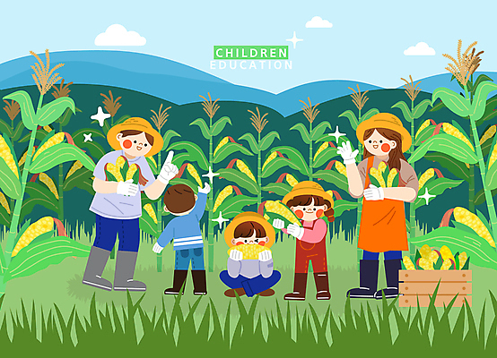 전신 여자 남자 어린이 일러스트 옥수수 들기 앉기 소녀 소년 여러명 성인 여름 반짝임 부모 수확 농촌 체험 나무상자 먹기 즐거움 힐링 옥수수밭 농촌체험 국내일러스트 AI파일 계절 감정 다수 컨셉 밭 농업 가족 모션 곡류 사람 상자 시골 체험학습 파일형식 벡터