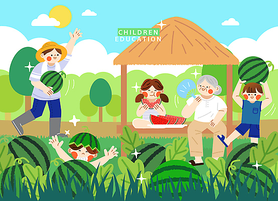 전신 나무 여자 교육 노년 남자 여유 어린이 일러스트 수박 웃음 들기 앉기 소녀 소년 여러명 성인 여름 반짝임 부모 손들기 수확 농촌 체험 부채 시원함 먹기 즐거움 힐링 원두막 농촌체험 수박모자 국내일러스트 AI파일 식물 모자_잡화 계절 감정 다수 컨셉 농업 과일 가족 모션 표정 사람 시골 체험학습 파일형식 벡터