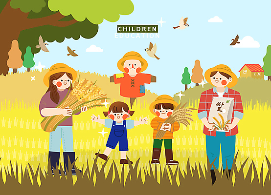 전신 나무 여자 교육 남자 어린이 일러스트 팔벌리기 주택 들기 소녀 소년 여러명 성인 반짝임 부모 노란색 수확 벼 쌀 가을 농촌 체험 언덕 허수아비 참새 농촌체험 쌀포대 국내일러스트 AI파일 식물 계절 컬러 다수 컨셉 농업 가족 모션 조류 곡류 사람 건물 시골 체험학습 파일형식 벡터