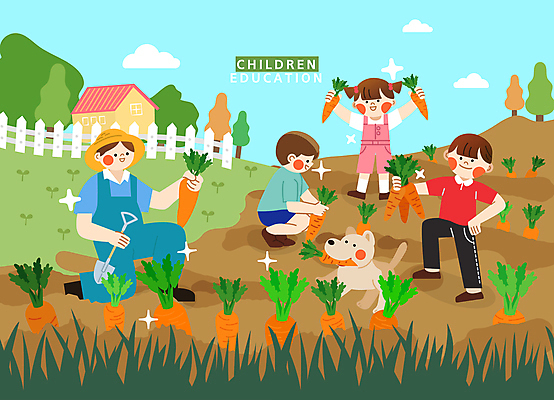 전신 나무 여자 교육 남자 어린이 일러스트 주택 들기 소녀 소년 여러명 성인 반짝임 울타리 당근 만세 수확 농촌 체험 당기기 강아지 먹기 농촌체험 뽑기 국내일러스트 AI파일 식물 다수 컨셉 농업 모션 뿌리채소 사람 건물 담장 반려동물 시골 체험학습 개 파일형식 벡터