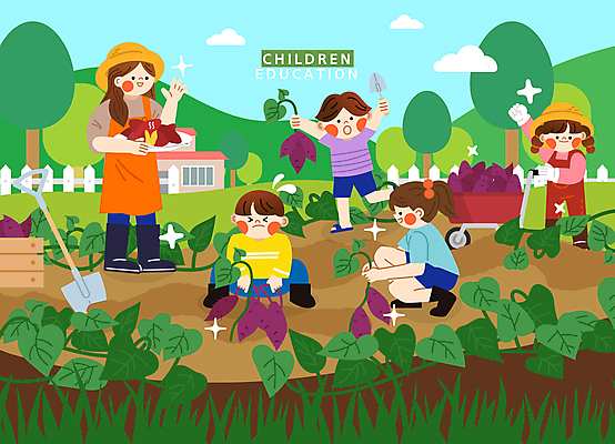 전신 나무 여자 교육 남자 어린이 일러스트 산 주택 들기 앉기 소녀 소년 여러명 성인 반짝임 울타리 손들기 수레 수확 농촌 체험 모종삽 고구마 군고구마 농촌체험 뽑기 고구마밭 국내일러스트 AI파일 식물 다수 컨셉 밭 농업 모션 뿌리채소 사람 건물 담장 카트 시골 체험학습 구이 삽 파일형식 벡터