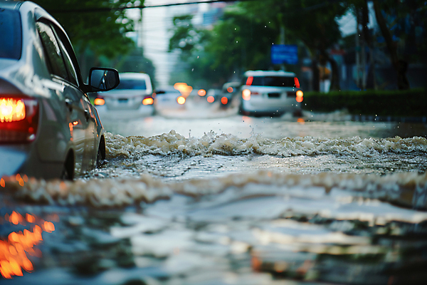 JPG 편집이미지 도로 자동차 사람없음 물 여름 비 홍수 디지털합성 장마 폭우 편집실사 침수피해 AI포토 AI콘텐츠 자연요소 계절 길 육상교통 교통시설 날씨 피해 비_날씨 자연재해 CG 파일형식