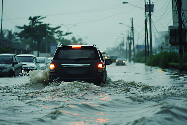 JPG 편집이미지 도로 자동차 사람없음 물 여름 비 홍수 디지털합성 장마 폭우 편집실사 침수피해 AI포토 AI콘텐츠 자연요소 계절 길 육상교통 교통시설 날씨 피해 비_날씨 자연재해 CG 파일형식