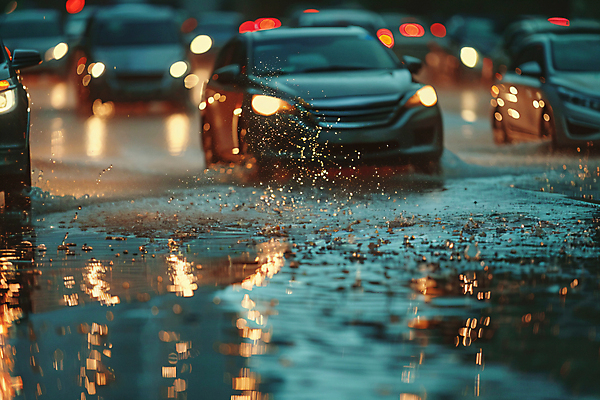 JPG 편집이미지 도로 자동차 사람없음 물 여름 비 홍수 디지털합성 장마 폭우 편집실사 침수피해 AI포토 AI콘텐츠 자연요소 계절 길 육상교통 교통시설 날씨 피해 비_날씨 자연재해 CG 파일형식