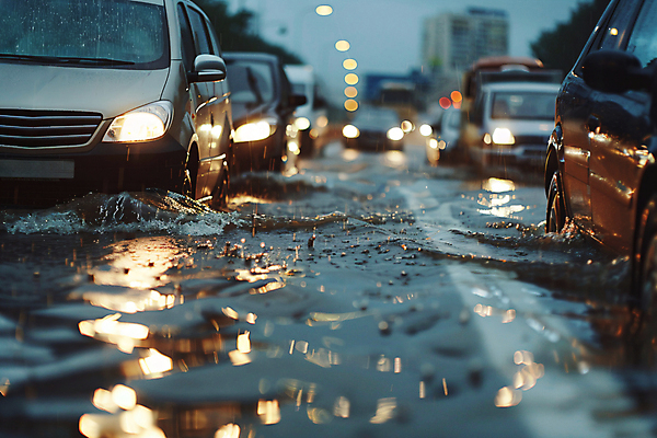 JPG 편집이미지 도로 자동차 사람없음 물 여름 비 홍수 디지털합성 장마 폭우 편집실사 침수피해 AI포토 AI콘텐츠 자연요소 계절 길 육상교통 교통시설 날씨 피해 비_날씨 자연재해 CG 파일형식