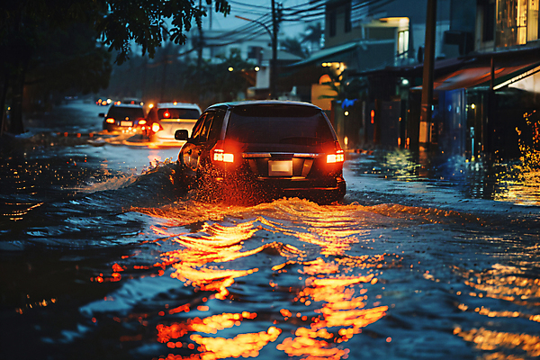 JPG 편집이미지 도로 자동차 거리 사람없음 물 여름 비 홍수 디지털합성 장마 폭우 편집실사 침수피해 AI포토 AI콘텐츠 자연요소 계절 길 육상교통 교통시설 날씨 피해 비_날씨 자연재해 CG 파일형식