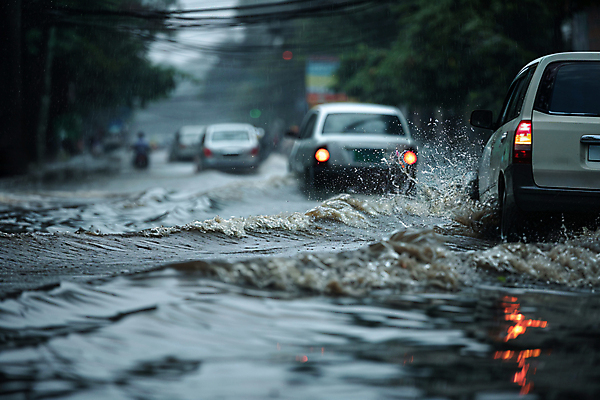 JPG 편집이미지 도로 자동차 사람없음 물 여름 비 홍수 디지털합성 튀는물 장마 폭우 편집실사 침수피해 AI포토 AI콘텐츠 자연요소 계절 길 육상교통 교통시설 날씨 피해 비_날씨 자연재해 CG 액체표현 스플래쉬 파일형식