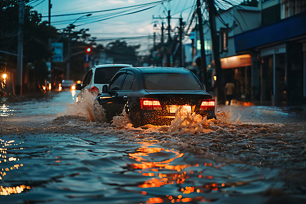 JPG 편집이미지 도로 자동차 거리 사람없음 물 여름 비 홍수 디지털합성 튀는물 장마 폭우 편집실사 침수피해 AI포토 AI콘텐츠 자연요소 계절 길 육상교통 교통시설 날씨 피해 비_날씨 자연재해 CG 액체표현 스플래쉬 파일형식