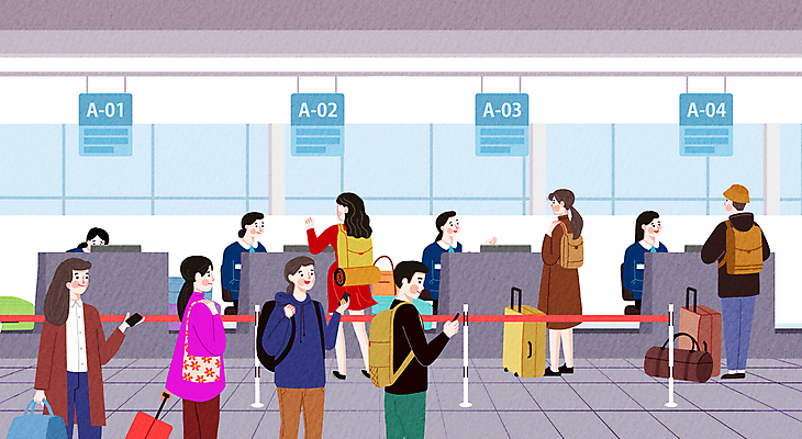 PSD 여자 남자 가방 일러스트 여러명 성인 여행객 캐리어 짐 공항 질서 줄서기 체크인 성인만 체크인카운터 국내일러스트 잡화 다수 교통시설 모션 사람 여행가방 예절 파일형식