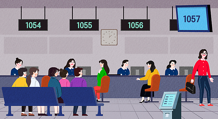 PSD 여자 남자 의자 일러스트 앉기 여러명 성인 은행 질서 번호판 번호표기계 은행업무 은행원 줄서기 성인만 국내일러스트 직업 가구 다수 모션 사람 금융 기계 예절 은행_금융 파일형식