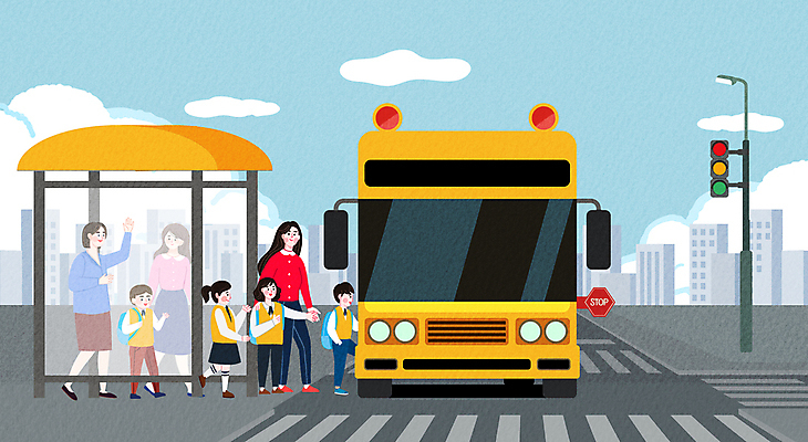 PSD 여자 남자 어린이 일러스트 소녀 소년 여러명 성인 파란색 부모 교사 유치원생 버스정류장 승차 신호등 스쿨버스 유치원복 질서 배웅 줄서기 국내일러스트 직업 옷 컬러 다수 가족 모션 버스 사람 예절 역 파일형식