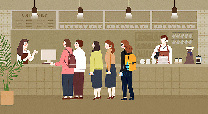 PSD 여자 남자 커피 일러스트 여러명 성인 카페 계산대 고객 직원 바리스타 주문 질서 베이지색 줄서기 성인만 국내일러스트 직업 음료 컬러 다수 모션 사람 상점 예절 파일형식