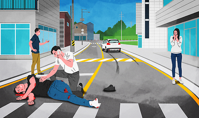 전신 PSD 여자 남자 도로 일러스트 자동차 여러명 성인 놀람 피해 상처 교통사고 사건 탈출 통화 뺑소니 신고 성인만 쓰러짐 국내일러스트 감정 길 육상교통 다수 컨셉 교통시설 모션 표정 사람 파일형식