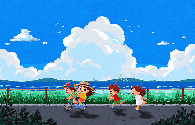 전신 PSD 구름 여자 남자 어린이 일러스트 방학 산 소녀 소년 여러명 여름 울타리 강 달리기 자전거 승차 즐거움 놀기 어린이만 국내일러스트 자연요소 계절 감정 다수 모션 휴가 사람 담장 바이크 파일형식