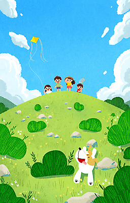 전신 PSD 구름 여자 남자 어린이 일러스트 방학 소녀 소년 여러명 여름 달리기 풀잎 강아지 언덕 즐거움 연날리기 놀기 어린이만 국내일러스트 자연요소 계절 감정 다수 잎 모션 휴가 사람 반려동물 전통놀이 풀_식물 개 파일형식