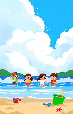 전신 PSD 구름 여자 남자 어린이 일러스트 물놀이 방학 소녀 소년 여러명 해변 여름 모래사장 달리기 삽 양동이 즐거움 놀기 소라게 어린이만 국내일러스트 자연요소 계절 감정 바다 다수 모션 놀이 휴가 사람 게 파일형식