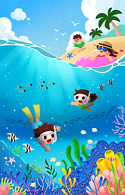 전신 PSD 구름 여자 남자 어린이 일러스트 물놀이 방학 어류 소녀 소년 여러명 해변 여름 모래사장 수중 스노클링 산호초 즐거움 튜브 놀기 어린이만 국내일러스트 자연요소 계절 감정 바다 다수 모션 놀이 휴가 사람 수중동물 수상스포츠 수중식물 파일형식