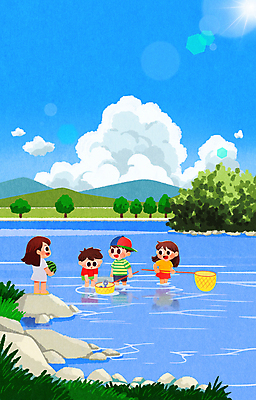 전신 PSD 구름 여자 남자 어린이 일러스트 방학 수박 들기 소녀 소년 여러명 여름 강 계곡 뜰채 즐거움 놀기 어린이만 국내일러스트 자연요소 계절 감정 다수 과일 모션 휴가 사람 낚시용품 파일형식