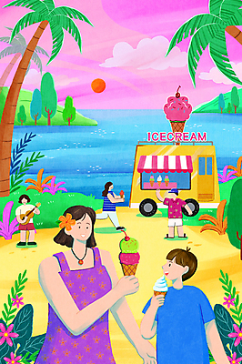 PSD 나무 여자 남자 꽃 아들 어린이 바다 일러스트 엄마 아이스크림 들기 소년 여러명 성인 야자수 마주보기 기타 아이스크림차 국내일러스트 식물 다수 가족 모션 현악기 디저트 사람 특수차량 아이스크림장사 파일형식