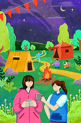 PSD 나무 여자 남자 길 일러스트 텐트 들기 여러명 성인 컵 여름 캠핑 풀잎 야간 모닥불 굽기 건배 성인만 국내일러스트 자연요소 식물 식기 계절 다수 잎 모션 불 레저 캠핑도구 사람 풀_식물 구이 파일형식