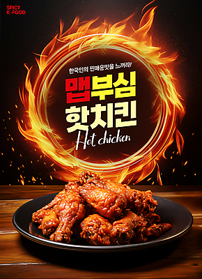 PSD 편집이미지 그릇 포스터 한식 탁자 불 불꽃 프레임 한국 사람없음 검은색 치킨 양념치킨 매움 이미지편집 자연요소 식기 아시아 음식 컬러 가구 맛 닭고기요리 파일형식