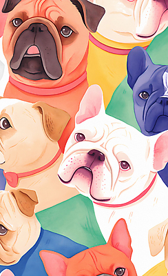 JPG 여러마리 일러스트 수채화 사람없음 컬러풀 귀여움 화려 강아지 불독 국내일러스트 AI일러스트 AI콘텐츠 컬러 다수 컨셉 반려동물 개 파일형식