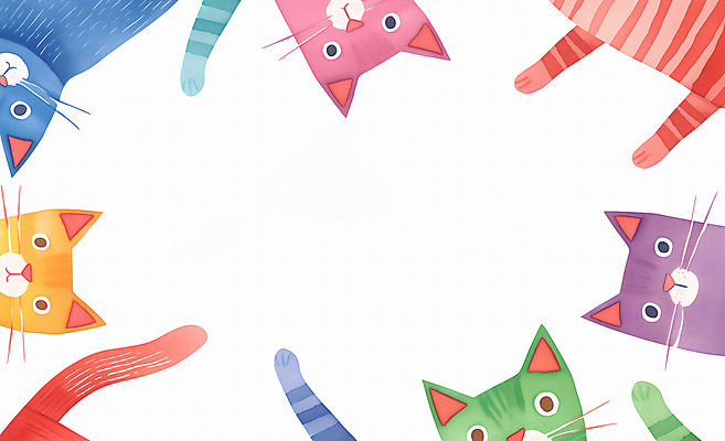 JPG 여러마리 일러스트 수채화 프레임 사람없음 컬러풀 귀여움 고양이 화려 국내일러스트 AI일러스트 AI콘텐츠 컬러 다수 컨셉 포유류 반려동물 파일형식