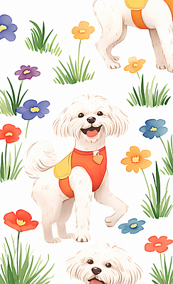 JPG 꽃 꽃밭 여러마리 일러스트 수채화 사람없음 컬러풀 귀여움 산책 화려 말티즈 강아지 가슴줄 국내일러스트 반려용품 AI일러스트 AI콘텐츠 식물 컬러 다수 컨셉 휴식 반려동물 개 오브젝트 파일형식