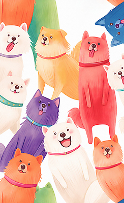 JPG 여러마리 일러스트 수채화 사람없음 컬러풀 귀여움 화려 강아지 국내일러스트 AI일러스트 AI콘텐츠 컬러 다수 컨셉 반려동물 개 파일형식