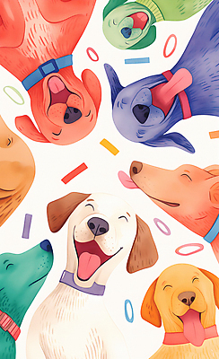 JPG 여러마리 일러스트 수채화 웃음 사람없음 컬러풀 귀여움 화려 강아지 국내일러스트 AI일러스트 AI콘텐츠 컬러 다수 컨셉 표정 반려동물 개 파일형식