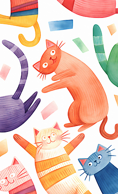 JPG 여러마리 일러스트 수채화 사람없음 컬러풀 귀여움 고양이 화려 국내일러스트 AI일러스트 AI콘텐츠 컬러 다수 컨셉 포유류 반려동물 파일형식