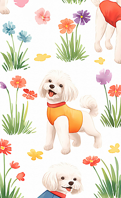 JPG 꽃 꽃밭 여러마리 일러스트 수채화 사람없음 컬러풀 귀여움 산책 화려 말티즈 강아지 국내일러스트 AI일러스트 AI콘텐츠 식물 컬러 다수 컨셉 휴식 반려동물 개 파일형식