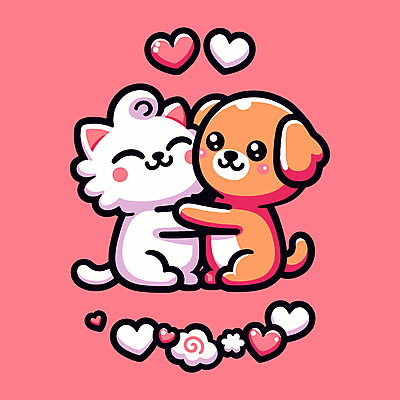 분홍색 일러스트 포옹 사랑 미소 사람없음 귀여움 고양이 우정 강아지 국내일러스트 AI파일 감정 컬러 컨셉 포유류 안기 표정 친구 반려동물 개 파일형식 벡터