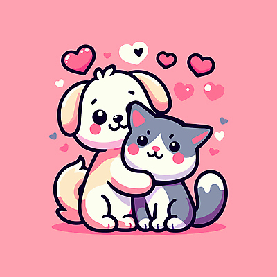 분홍색 일러스트 포옹 사랑 미소 사람없음 귀여움 고양이 우정 강아지 국내일러스트 AI파일 감정 컬러 컨셉 포유류 안기 표정 친구 반려동물 개 파일형식 벡터