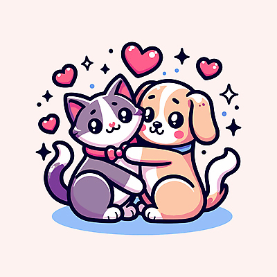 리본 일러스트 포옹 사랑 미소 사람없음 귀여움 고양이 우정 강아지 국내일러스트 AI파일 감정 컨셉 포유류 안기 표정 친구 반려동물 개 파일형식 벡터