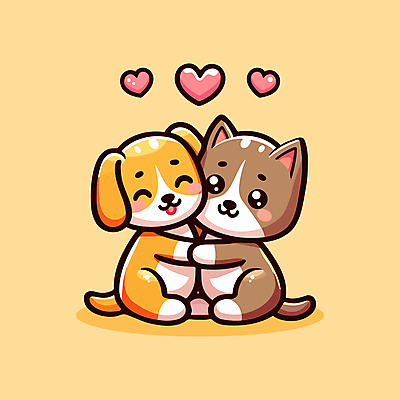 일러스트 포옹 사랑 미소 사람없음 노란색 귀여움 고양이 우정 강아지 국내일러스트 AI파일 감정 컬러 컨셉 포유류 안기 표정 친구 반려동물 개 파일형식 벡터