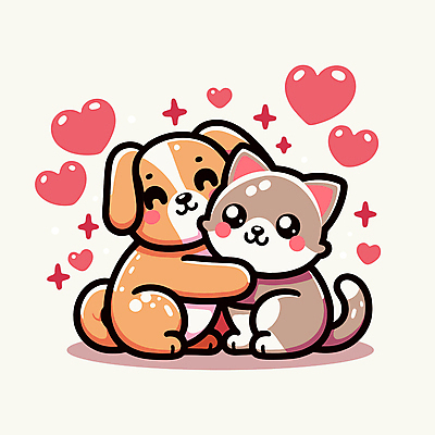 분홍색 일러스트 포옹 사랑 미소 사람없음 귀여움 고양이 우정 하트 강아지 국내일러스트 AI파일 모양 감정 컬러 컨셉 포유류 안기 표정 친구 반려동물 개 파일형식 벡터