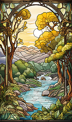 JPG 나무 구름 편집이미지 예술 잎 풍경 사람없음 컬러풀 태양 계곡 분위기 스테인드글라스 산맥 편집실사 AI일러스트 AI콘텐츠 자연요소 식물 컬러 컨셉 유리 산 CG 파일형식